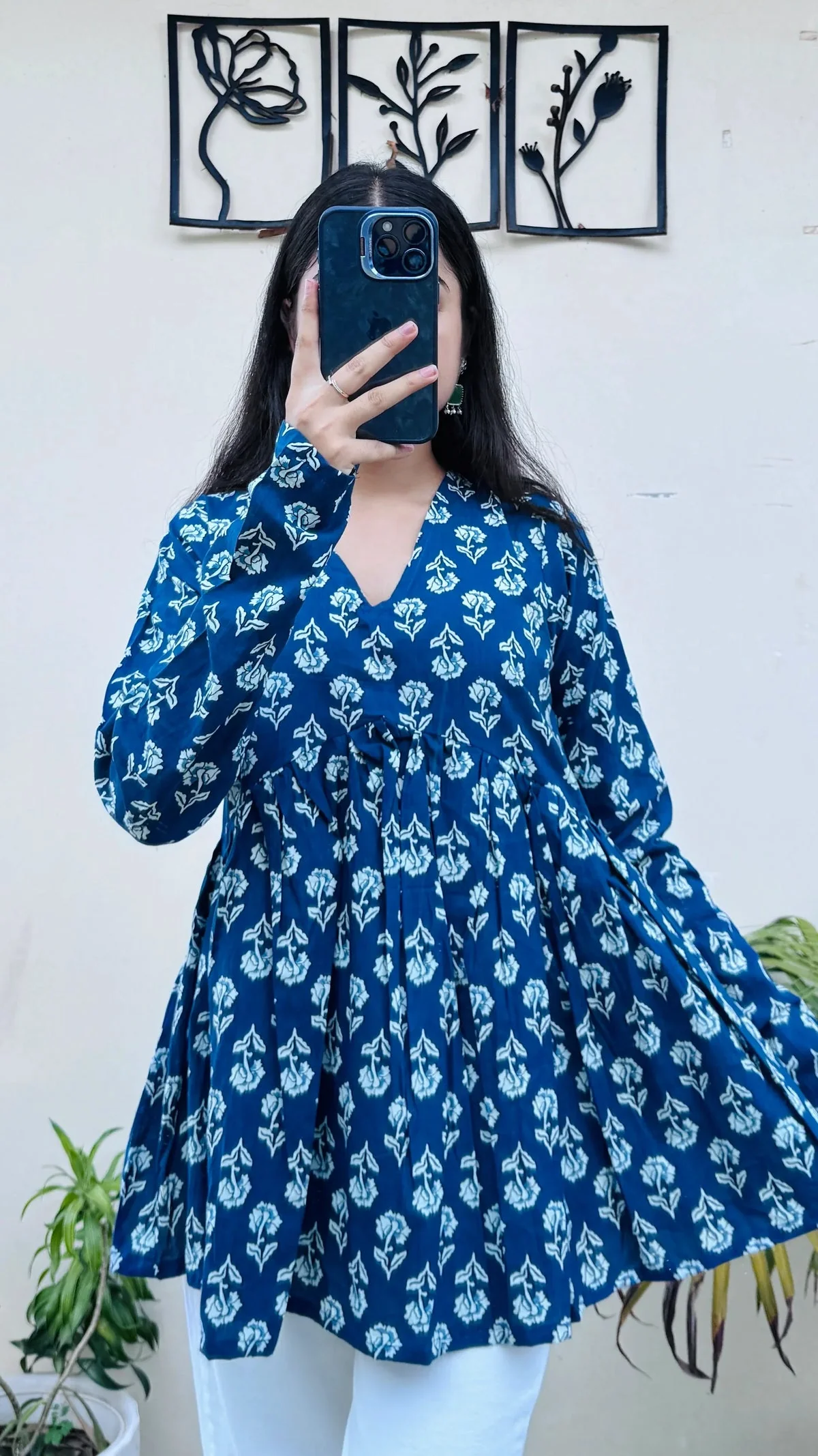 Cotton Blue Flared Printed Aliacut Peplum Top - Image 2